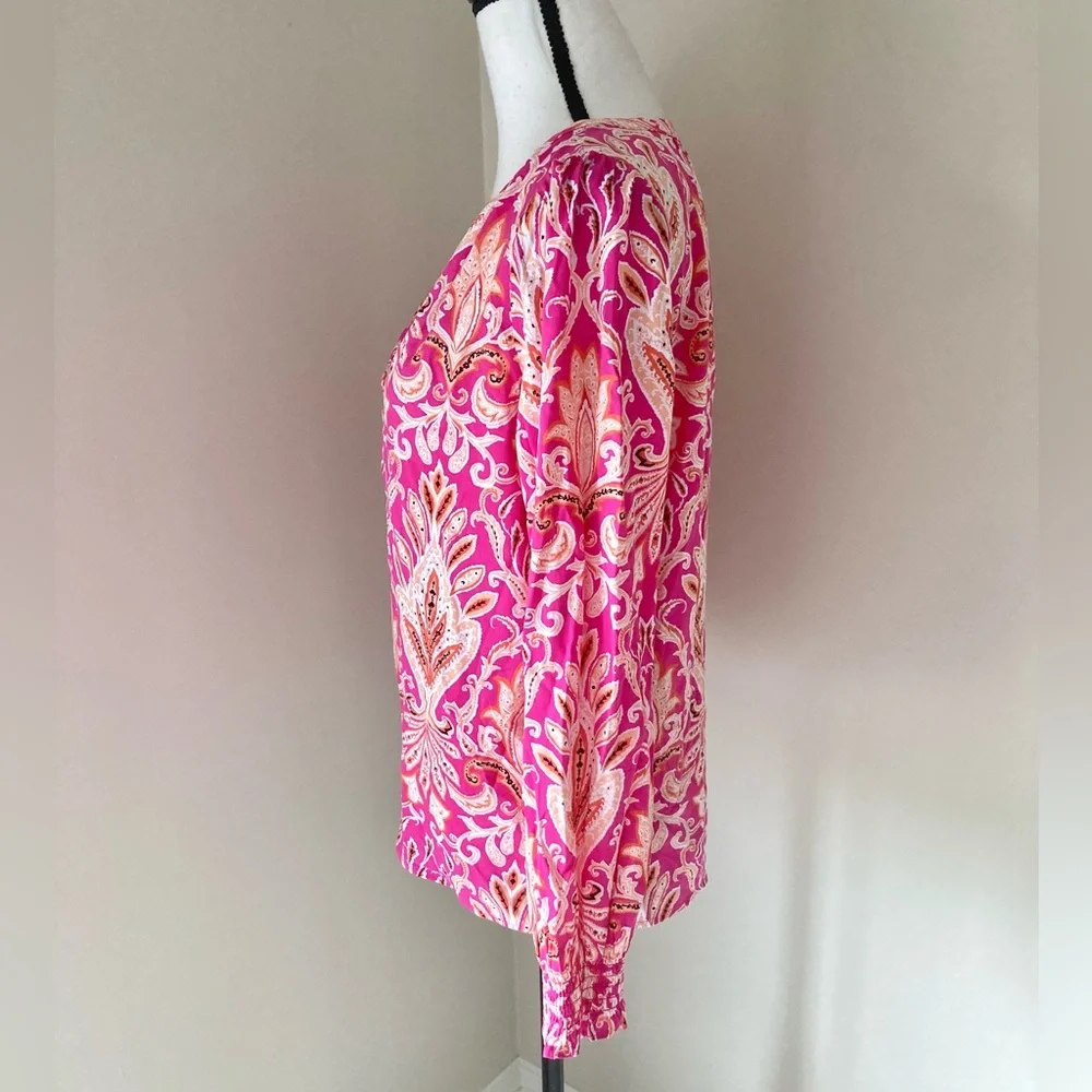 Loft Paisley Smocked Cuff V-Neck Button Blouse Size S